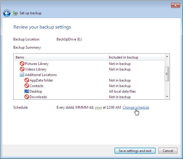 f. The Review your backup settings screen is displayed. Click Change schedule. g.