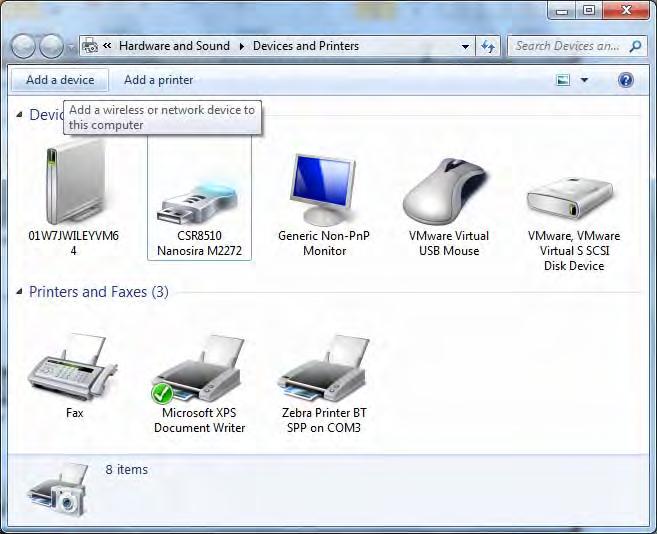 Setup for Windows OS Bluetooth Option Configuration 59 Connecting to a Windows Vista SP2 or Windows 7 Master Device The Windows Vista (SP2 or higher) and Windows 7 Bluetooth install differs from the