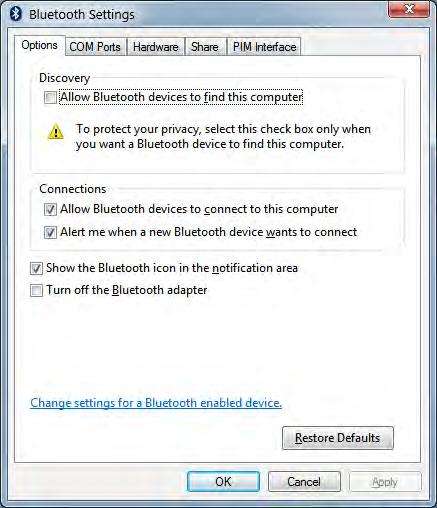 Setup for Windows OS Bluetooth Option Configuration 60 3. Hover over the Bluetooth icon with the mouse pointer and the icon will highlight. Right-Click on the high-lighted Bluetooth icon.