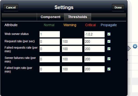 6. In the Settings window, click Component to select the component that you want to display. 7. Click Thresholds to change the thresholds for critical, warning, and normal states. 8.