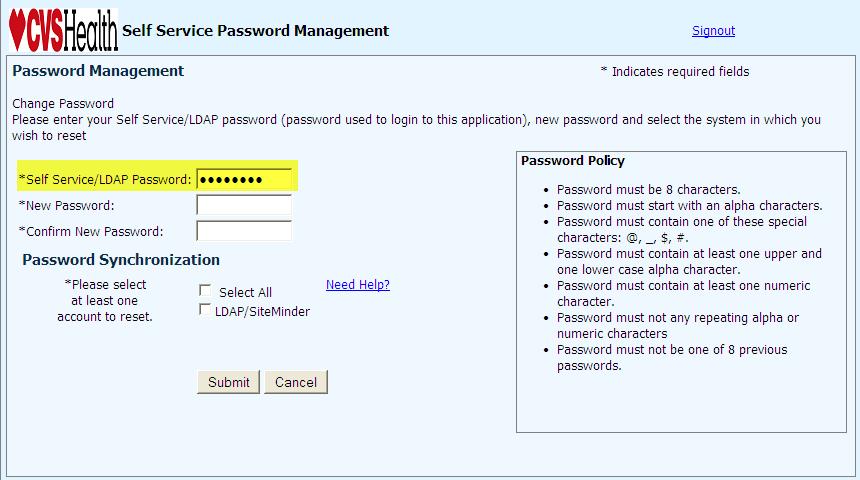 Enter your new password, in each of the corresponding fields The Password Synchronization section displays on the screen. 6.