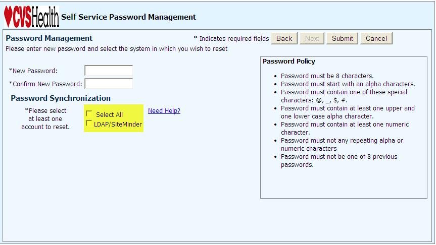 Enter your new password, in each of the corresponding fields The Password Synchronization section displays on the screen. 5.
