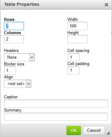 Complete the table properties box including (as a minimum): Number of rows Number of columns If a header is required Border Size (insert 0 for no border) Change the width to 100% to cover the whole