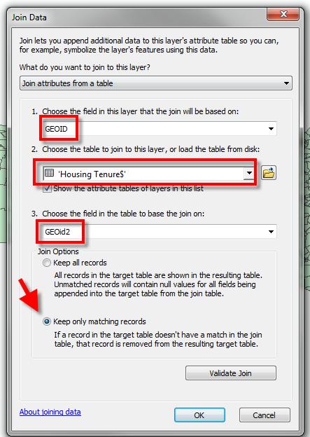 12. Fill in the dialog box as follows you are joining attributes from a table, using GEOID in your Census Tracts layer and GEOid2 in your AFF table click OK when done: 13.