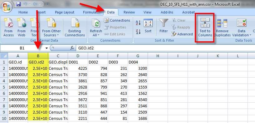 3. Click on the Excel Tab for Data, then click on Text to Columns: 4. Click Next to leave the first setting at Delimited 5. Click Next to leave the second setting at Tab 6.
