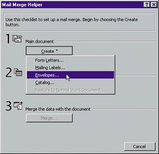 Using Mail Merge to Create Envelopes or Labels Open the Mail Merge Helper Go to the Tools menu and choose Mail Merge.