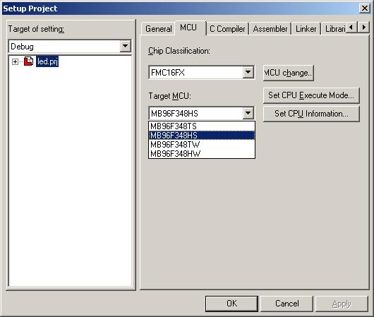 2.4 MCU change In the project settings the MCU type can be adjusted: Doing so, a dialog box will occur: 2.4.1 Choosing Yes By choosing yes the correct memory size and locations will be set to the linker settings.