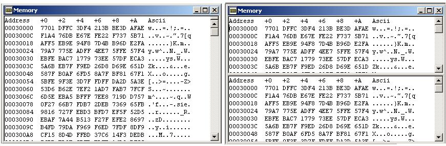 Following window occur which is something like a Hex-Editor : Memory window can be split.