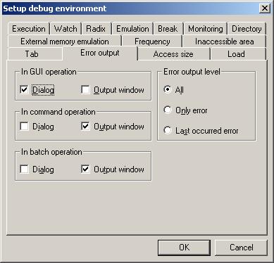 Debug Environment Setup Procedure Tab Specifies the Tab. (D 4/D 8) 12.9 Error output In GUI Operation Specifies where to output an error at GUI operation.