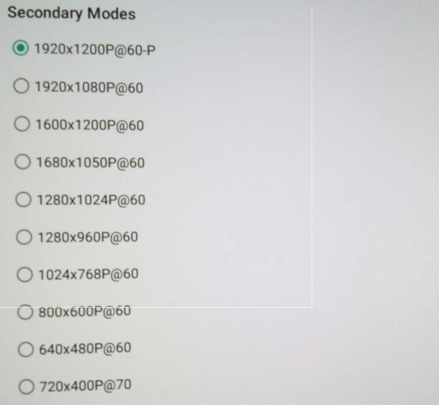 either Primary Modes or Secondary Modes, click the desired resolution