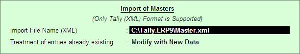 Treatment of entries already existing: in this field select the option Modify with New Data Figure 19: Import of Masters
