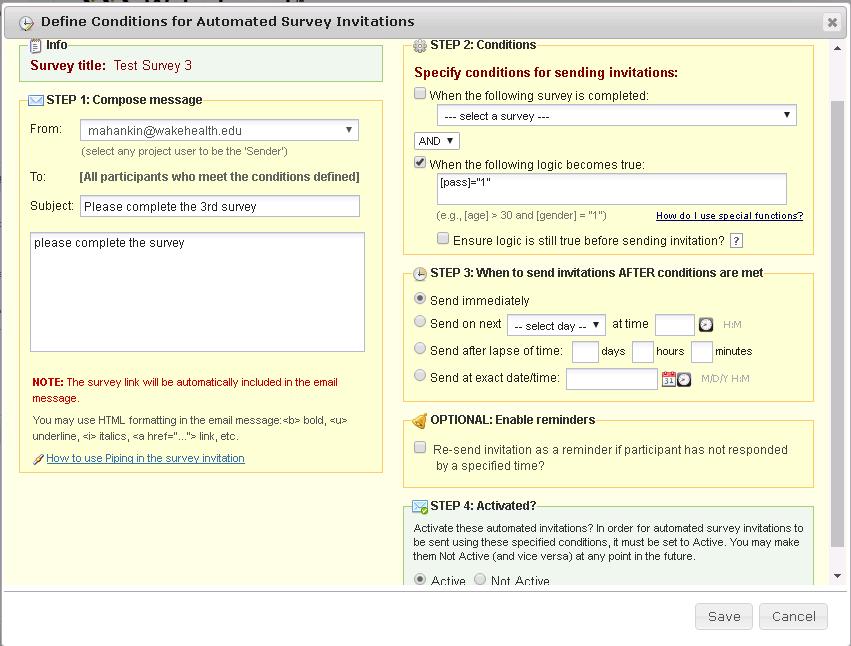 Step 4: Define the Automated Invitations conditions for each survey that you want to send.