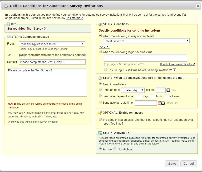 Step 6: Define the Automated Invitations conditions for each survey that you want to send.