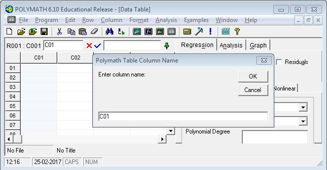 To change the column name of C01, double click on the column name C01 or right click on C01 and select Column Name A dialog box