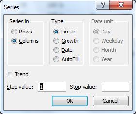 Note: Other options allow you to Copy Cells (gives sequence 1, 2, 1, 2,...) and Fill Series (gives 1, 2, 3, 4...). Using this you need only type in a single value to extend a sequence, as you'll see later.