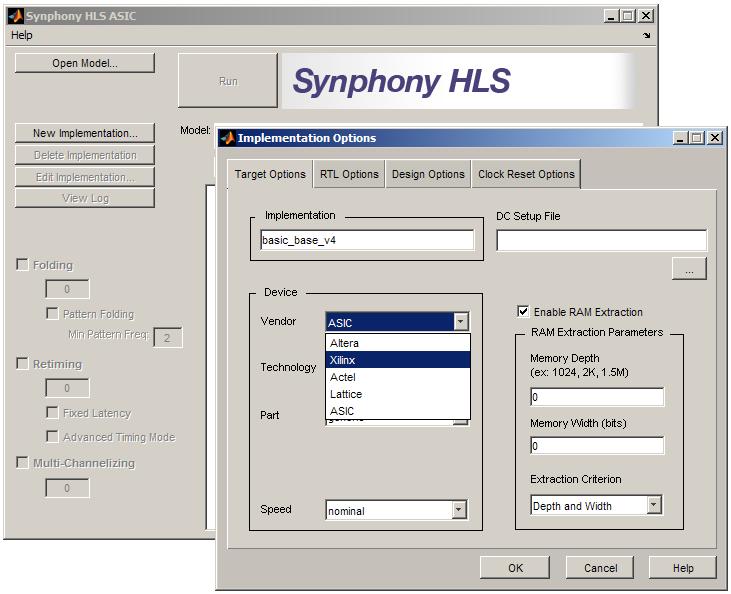 Creating Implementations Any Synphony HLS model can be implemented by instantiating the SHLSTool block inside the model. Double-clicking will open up a GUI which points to the model file.