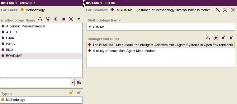 From the ontology, we can for example discover that ROADMAP has two bibliographical references from which we have retrieved all the information concerning the specified meta-model (left side of the