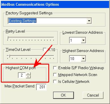 Increase the Highest COM port number. COM port numbers must be 15 or lower.