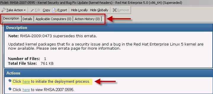 To view the Red Hat bulletin for a particular Fixlet, select the Click here to view the patch page action to view the patch page.