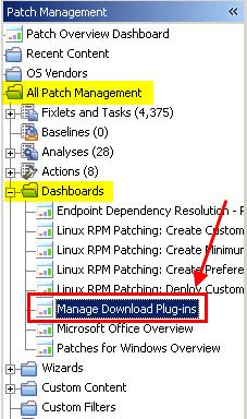 Figure 1. Patch Management navigation tree The dashboard displays all the servers and windows-only relays in your deployment.