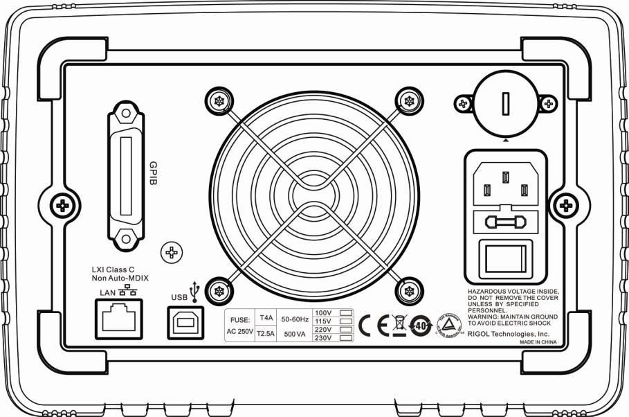 RIGOL Chapter 1 Quick Start Rear Panel 1 2 3 4 5 6 7 8 Figure 1-2 Rear panel overview No. Name Explanations 1 GPIB port Conform to the IEEE 488.2 protocol. 2 Fan Air outlet.