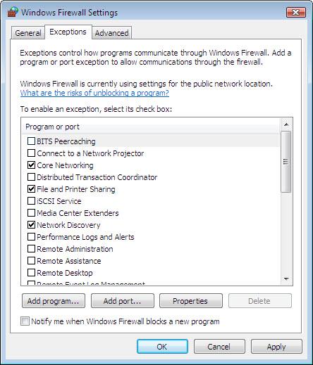Step 3: Investigate the Windows Firewall Exceptions tab. a. In the Windows Firewall Settings window, select the Exceptions tab.