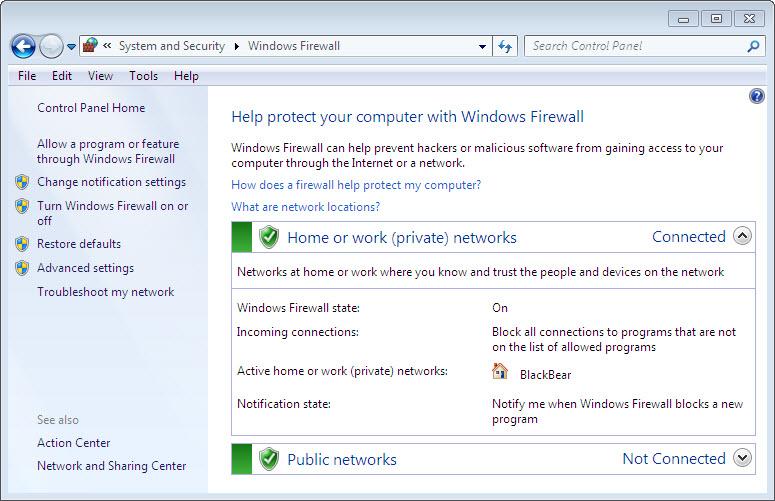 Step 2: Open Windows Firewall. a. To open the Windows Firewall, use the following path: Control Panel > System and Security > Windows Firewall b. The normal state for the Windows Firewall is On. c.