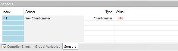 correctly in the Motors and Sensors Setup window, we should see our potentiometer in the debugger window along the bottom of the screen. Figure 2.
