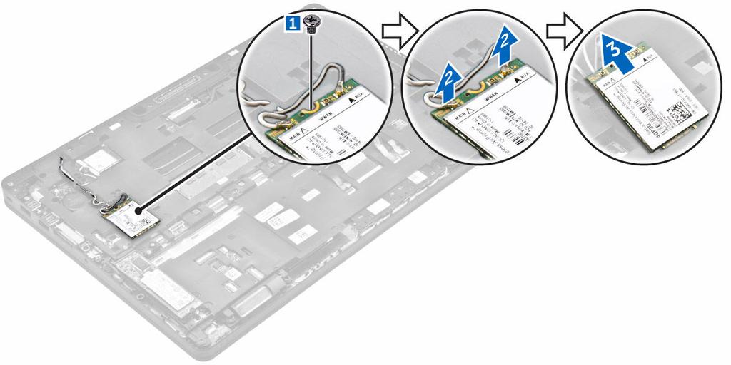 a. base cover b. battery 3. To remove the WWAN card: a. Remove the screw that secures the WWAN card [1]. b. Disconnect the WWAN cables from the connectors on the WWAN card [2]. c. Unroute the WWAN cables from the routing channel.