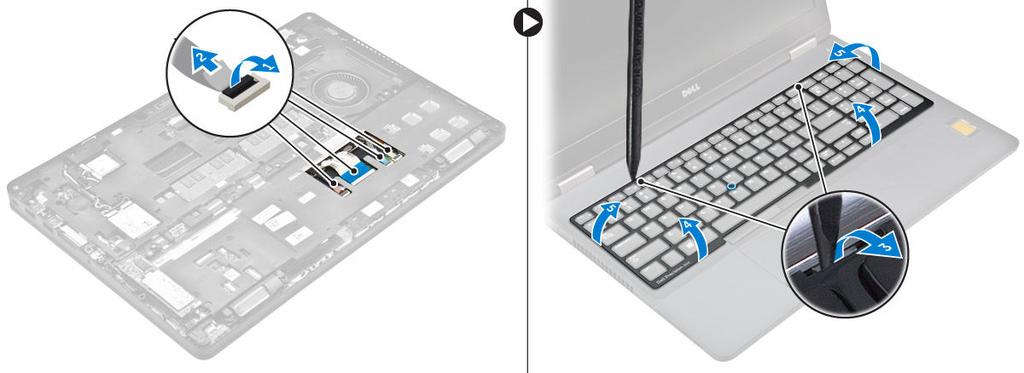 4. To remove the keyboard: a. Remove the screws that secure the keyboard to the computer [1]. b. Lift the keyboard and slide it to remove it from computer [2, 3].