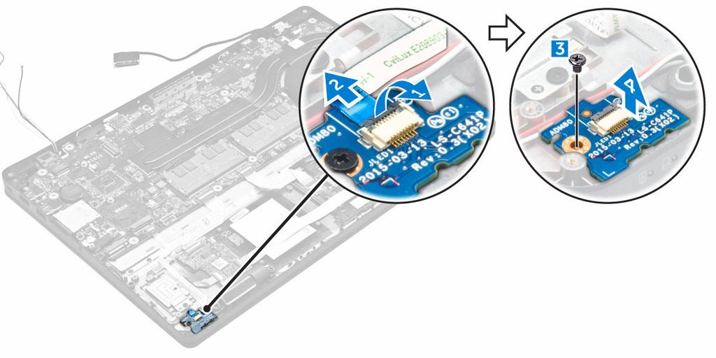 a. Disconnect the LED board cable from the connector on the LED board [1, 2]. b. Remove the screw that secures the LED board to the computer [3]. c. Lift the LED board from the computer [4].