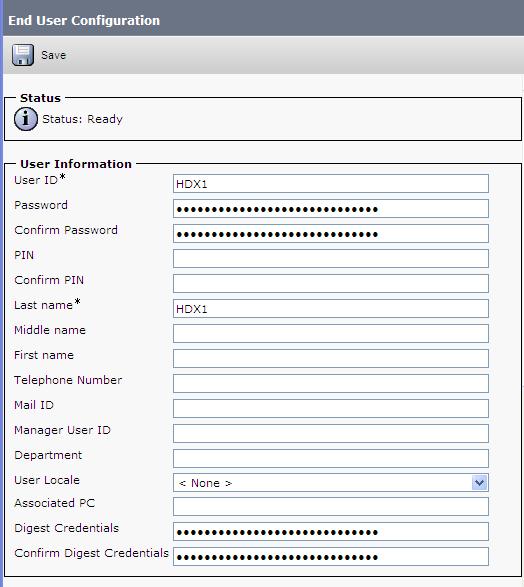 Direct Secure Registration of Polycom RealPresence Systems with Cisco Unified CM The following screen displays. 3 Complete the required fields. User ID and Last Name are required fields.