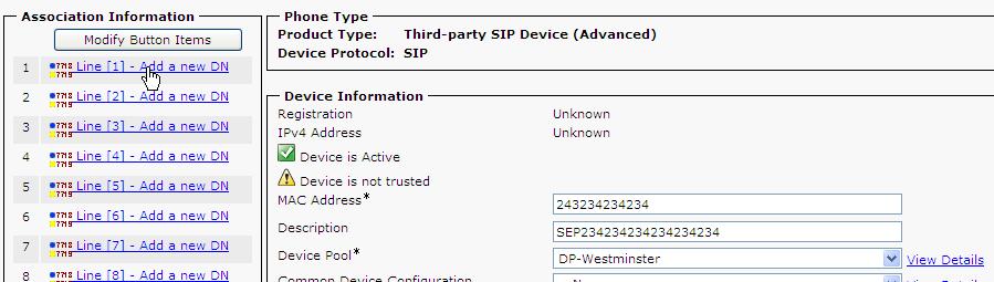 Direct Secure Registration of Polycom RealPresence Systems with Cisco Unified CM 6 In the Association Information section, click Line [1] - Add a new DN.
