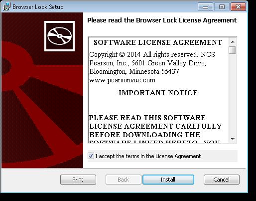 11. Candidate selects the I accept the terms in the License Agreement check box and clicks Install.