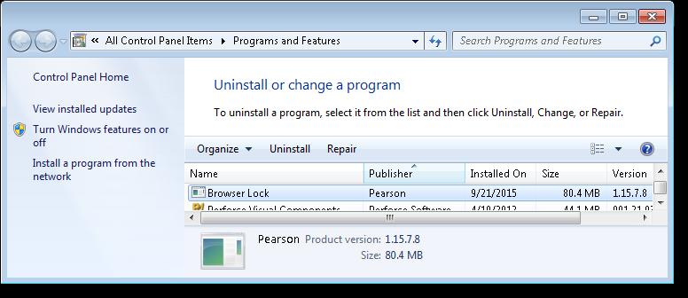 Uninstall Pearson VUE Browser Lock After the exam has been delivered, the secure browser should be uninstalled. 1.