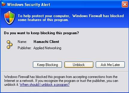 Firewalls Hamachi User Guide If you are running the Windows Firewall, you may be presented with the dialog box below. If so, you need to select Unblock to allow Hamachi to access the Internet.