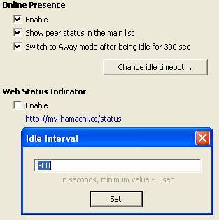 Web Status Indicator You may also define your online presence by clicking on the options, as shown: icon in the main Hamachi UI.