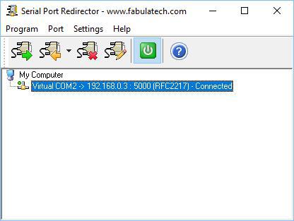 The small green dot next to the COM port indicates that the port is