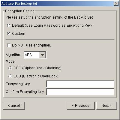 f. Set the encryption algorithm, encryption mode and encrypting key for this backup set (Hint: For the sake of simplicity, just