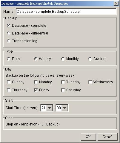 f. Set the backup schedule for database backup and archived log backup Note: You can have more than one schedule in a backup set,