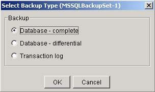 b. Select the backup type (e.g. Complete, Differential, Transaction Log) you would like to perform c.