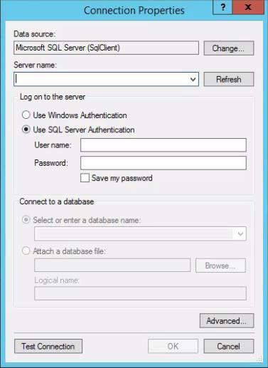 Figure 4: Connection Properties Enter the login credentials. If using Windows integrated security, select Use Windows Authentication.