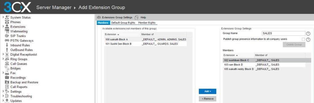 Create 3CX Extension Group Log into 3CX Management Console as Manager From the 3CX Server Manager section, select Extensions On the tab bar, click Add Group In the Members tab, under Extensions Group