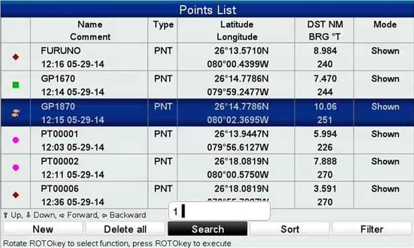 3. Points / Routes / Tracks 3-1 Searching Points & Routes by Partial Match The GP-1670/1870/F v2.01 offers an easier search function for point and route database. The previous v1.