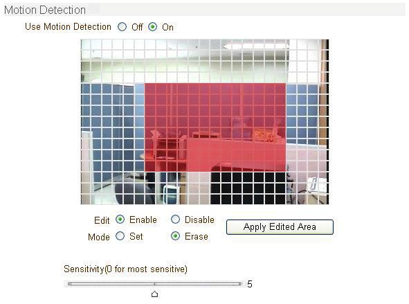 Motion Detection Use Motion Detection Determine to use Motion Detection function. Motion Detection Area Editing Configure regions for motion detection.