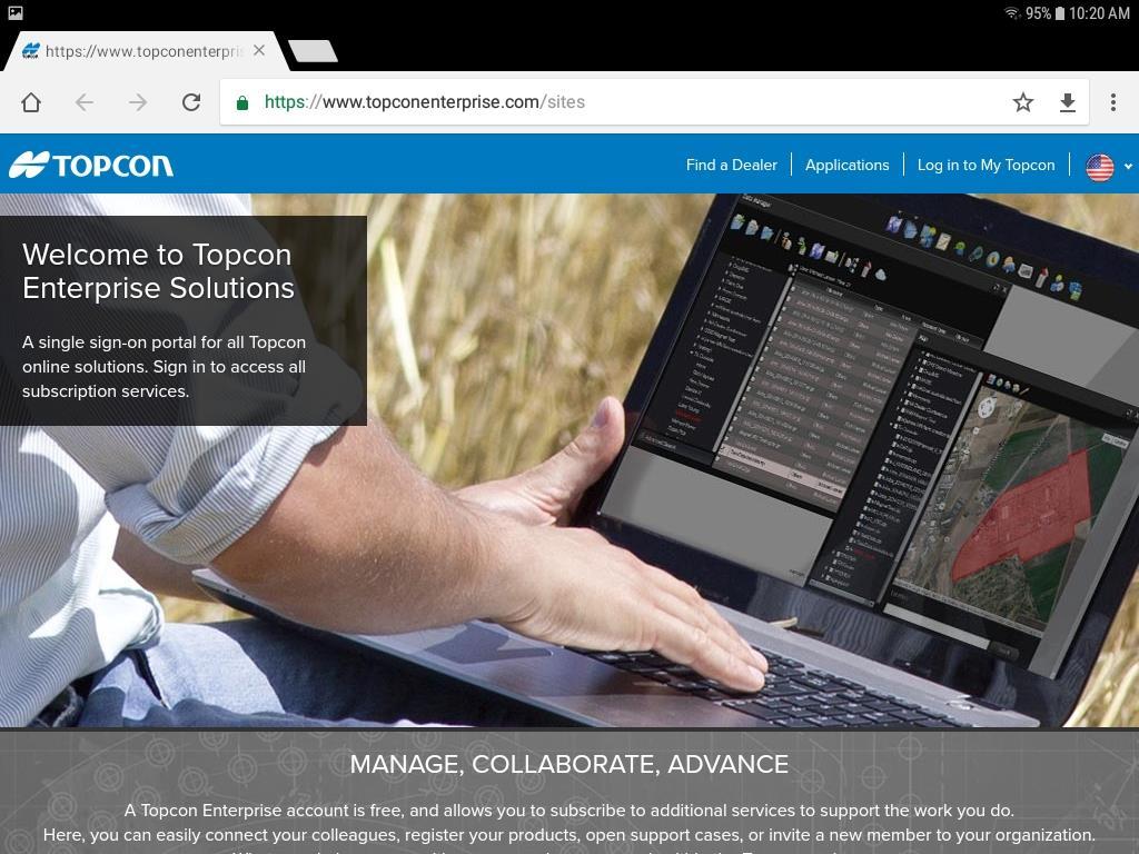 To Create an account it redirects you to the Topcon Enterprise site. Touch on the Log in to My Topcon.