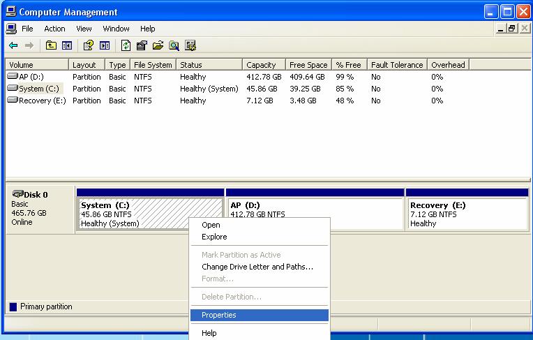 B. Right-click the desired hard disk and select Properties from the file menu to display the