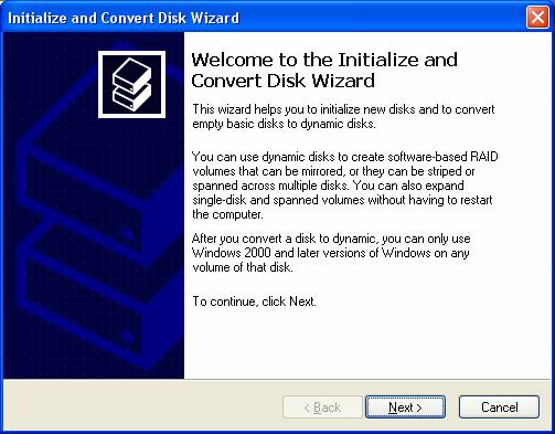 3 Getting Started 3. The Initialize and Convert Disk Wizard appears. Click Next to continue.