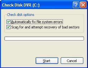 Select Automatically fix file system errors and Scan for and attempt recovery of bad sectors.