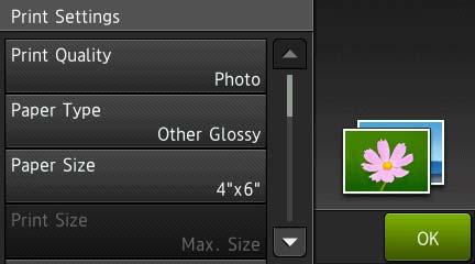 PhotoCapture Center: Printing photos from a memory card or USB flash drive l Press Print Settings to change the paper type and paper size.